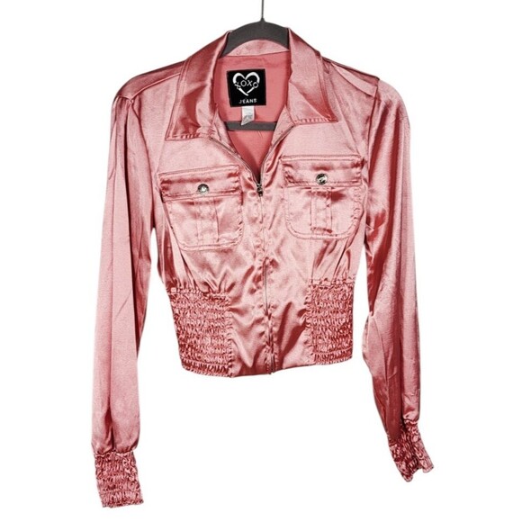 Vintage 90s Y2K XOXO Pink Velveteen Satin Cropped Smocked Blouse Jacket Med NEW - Picture 9 of 10